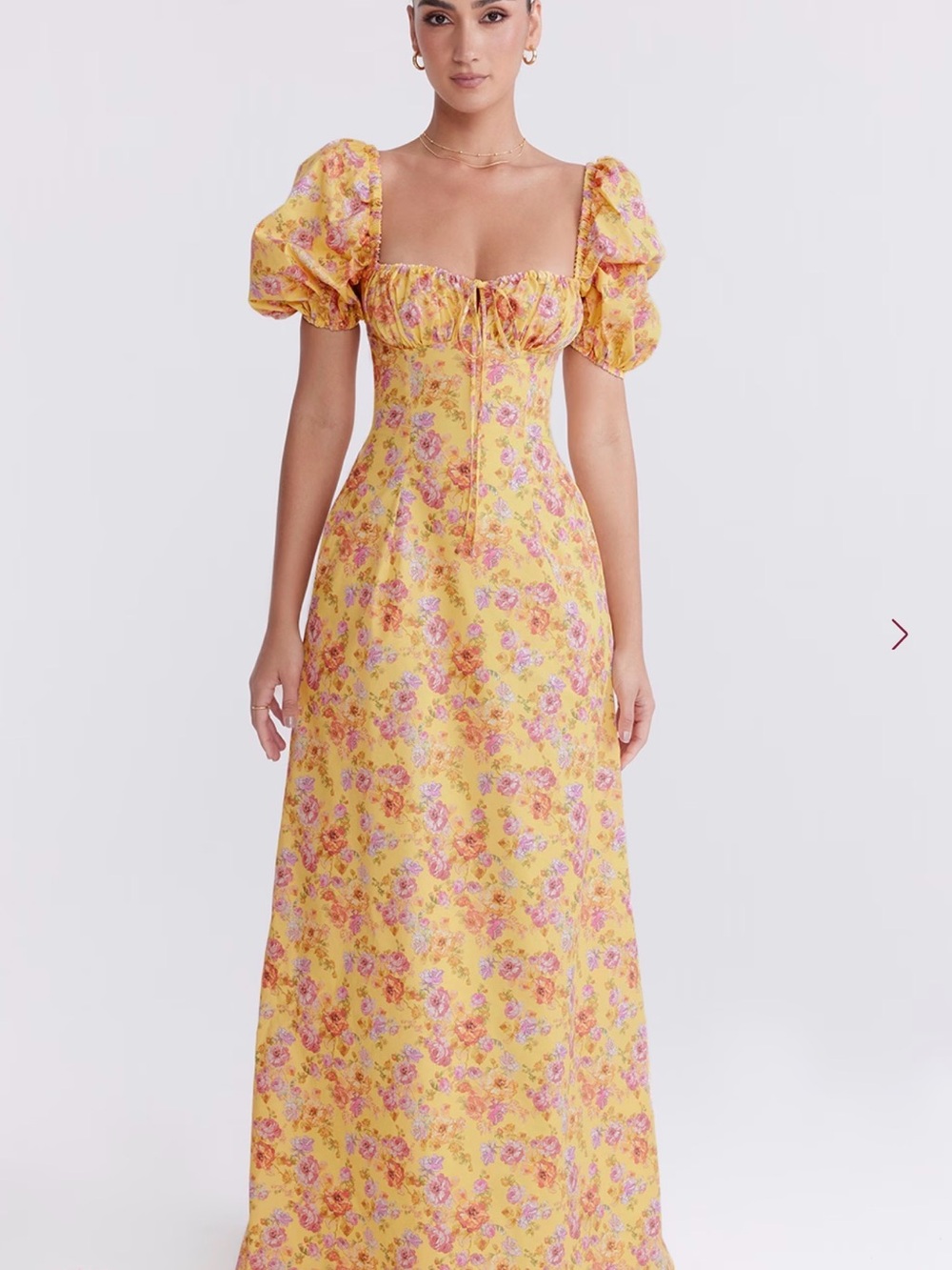 House of CB Yellow Floral Puff-Sleeve Maxi Dress with Pink & Orange Blooms